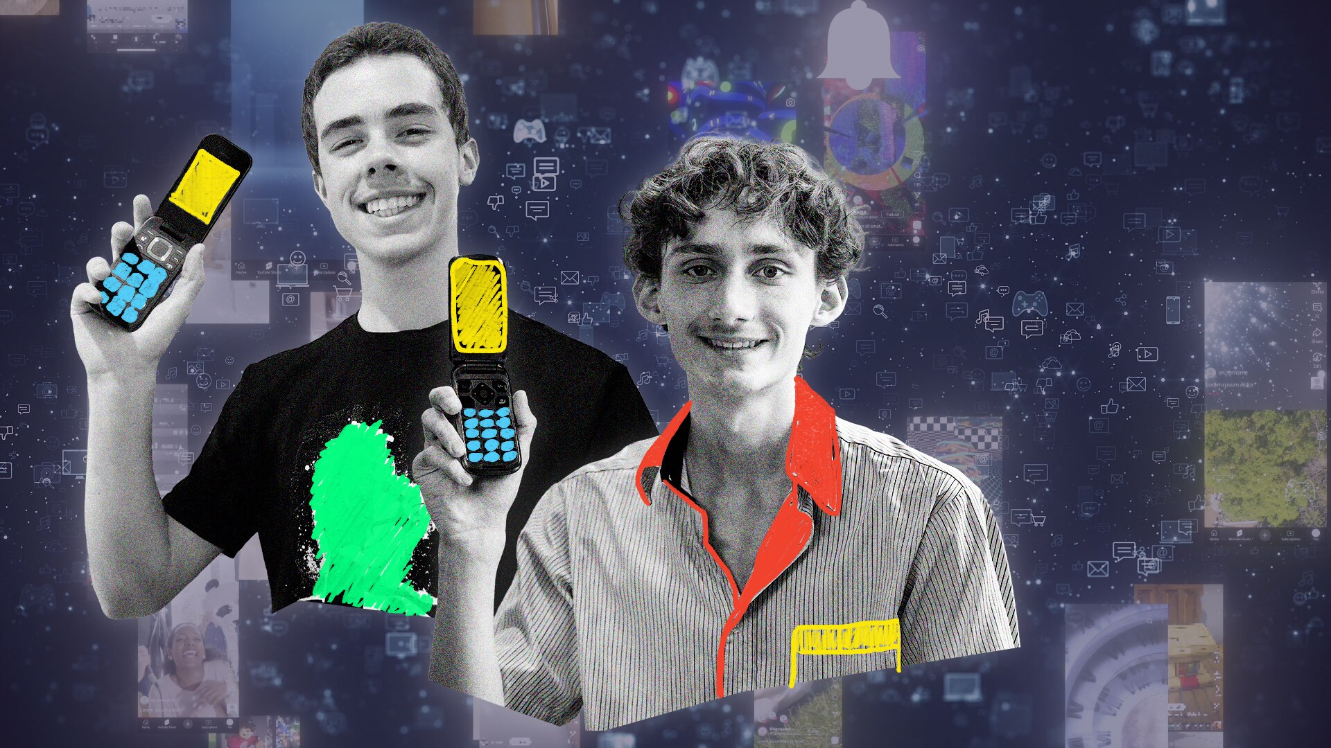 Nick and Patrick smile while holding their flip phones up.