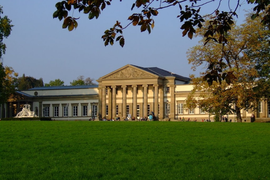 Rosenstein Palace, the museum's exhibition building for extant animals and ecology. View from lush castle gardens.