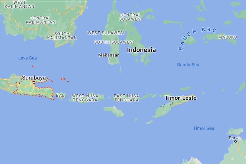 Map of Indonesia, highlighting land representing East Java.