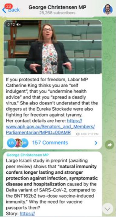 A screenshot of a Telegram post in which George Christensen criticises Catherine King