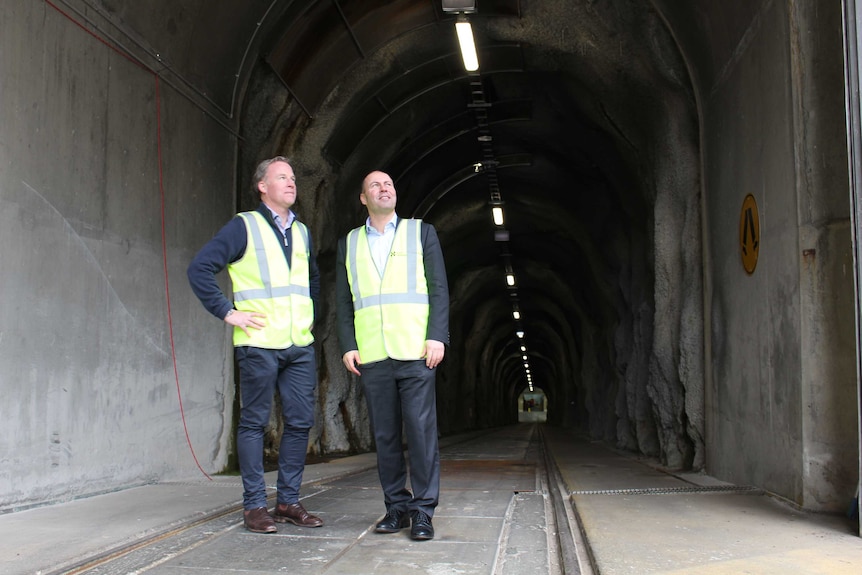 Premier Will Hodgman and Energy Minister Josh Frydenberg at the entrance to the Cethana Power Station.