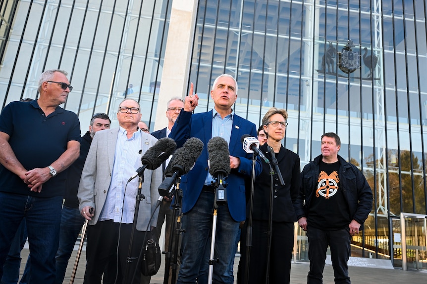 A group of people, fronted by a man talking and pointing upwards, outside the High Court.