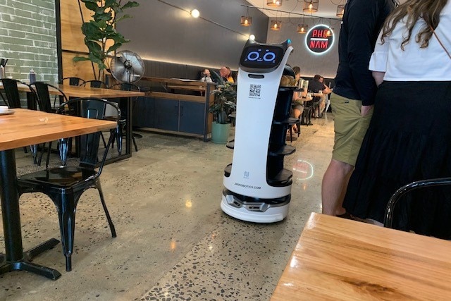 A roobot on the floor of a restaurant.