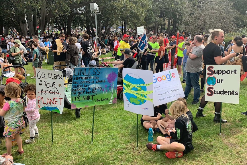 A large crowd gathers on a lawn at a protest. Many people have signs.