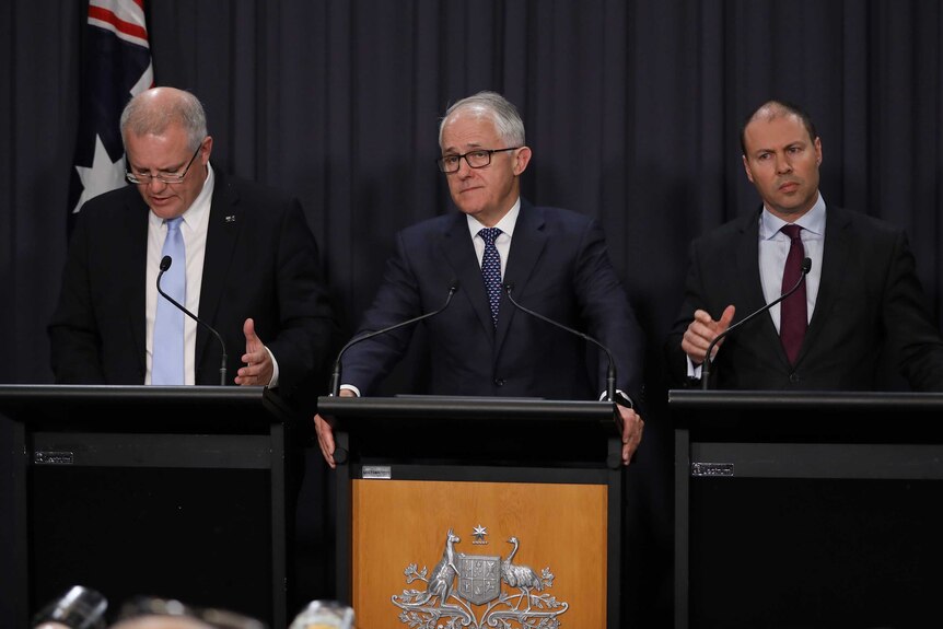 Malcolm Turnbull alongside Scott Morrison and Josh Frydenberg at Parliament House in August, 2018.