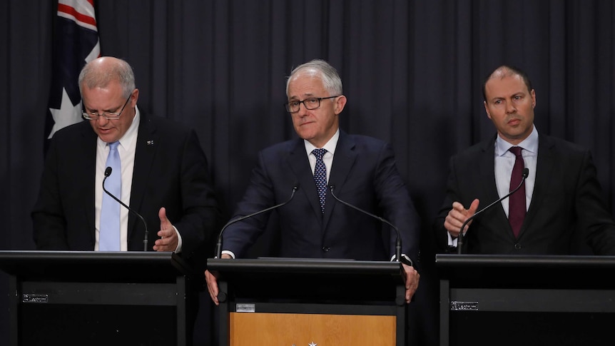 Malcolm Turnbull alongside Scott Morrison and Josh Frydenberg at Parliament House in August, 2018.