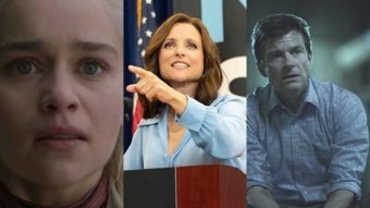 A composite of Emmy nominees: Emilia Clarke, Julia Louis-Dreyfus and Jason Bateman.