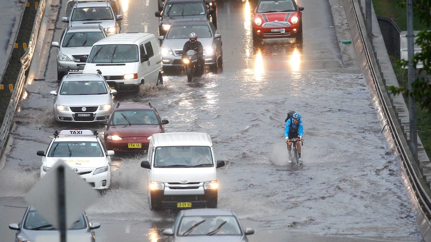 Traffic on flooded roads at Bondi Junction in Sydney