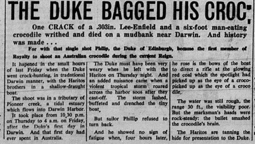 A scan of a newspaper clipping with headline: 'The Duke bagged his croc".