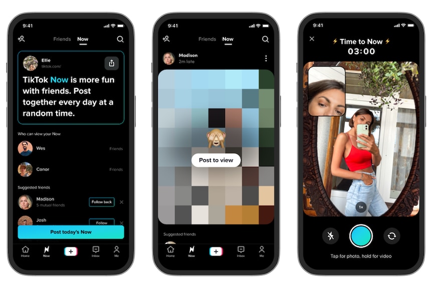 Promotional images of a new feature on social media app TikTok, called TikTok Now