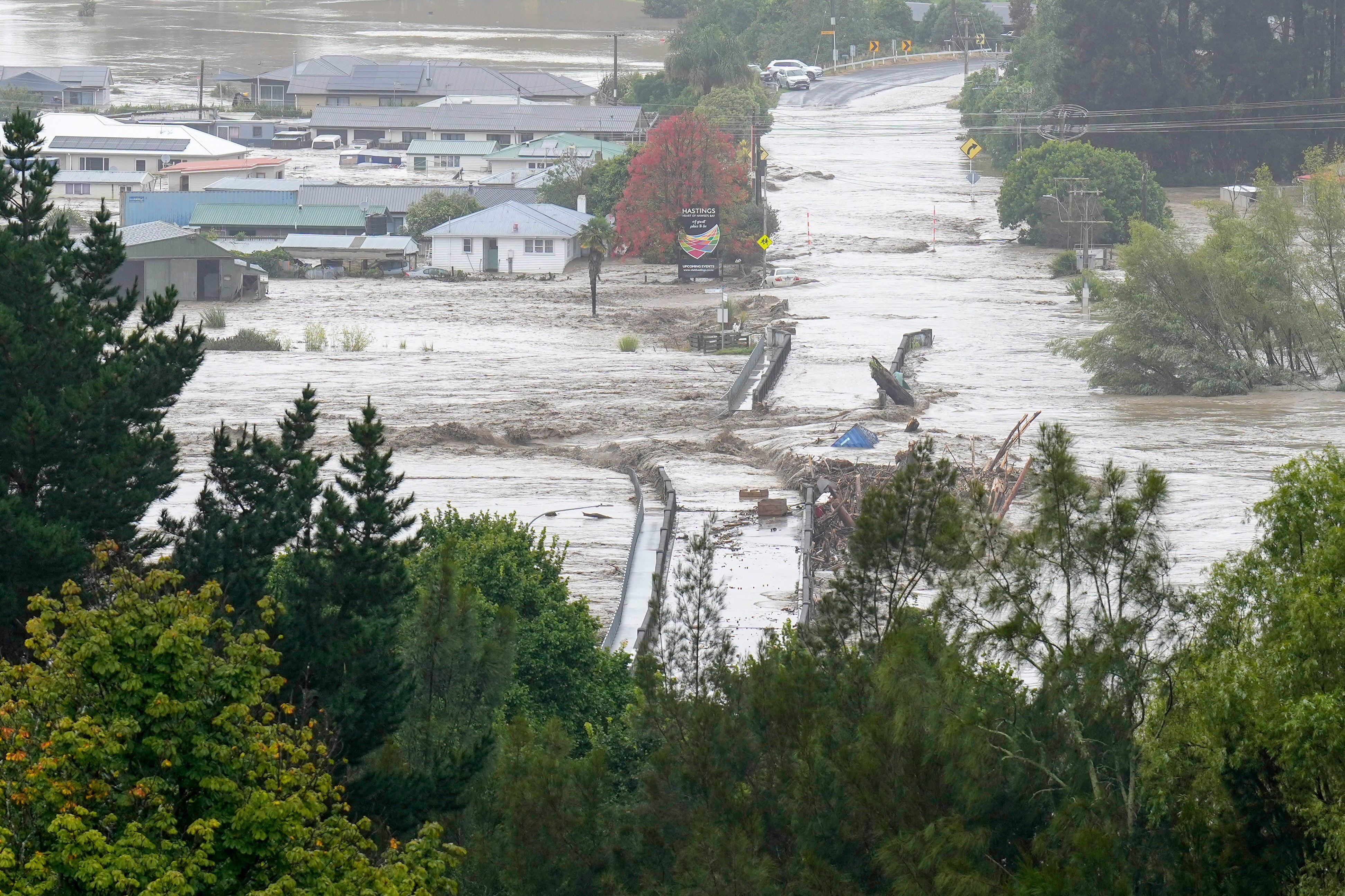 Waiohiki bridge and surrounds are inundated by the Tutaekuri River after Cyclone Gabrielle.