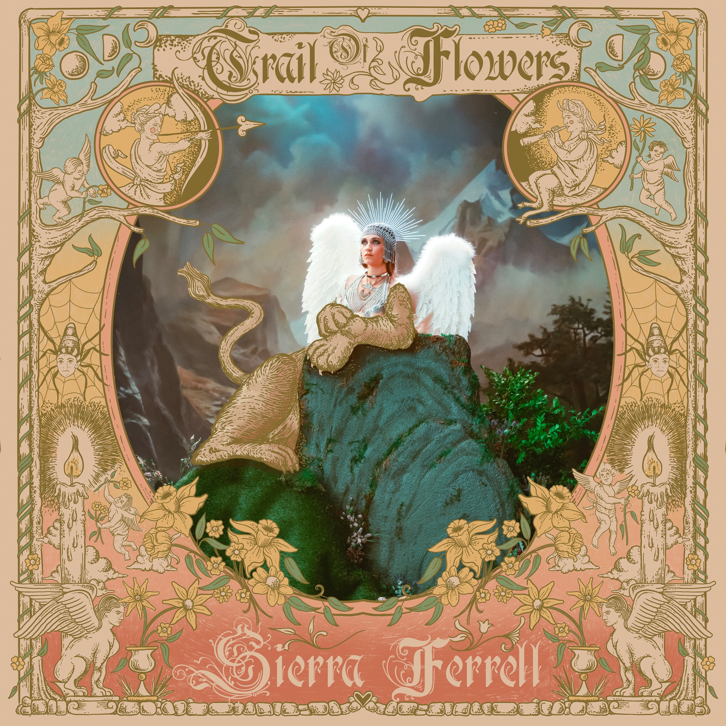 Art deco style illustration of woman as a griffin with elaborate frame and drawings & text: Trail of Flowers Sierra Ferrell