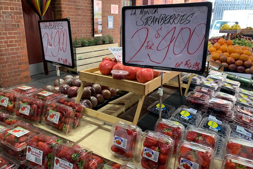 Packs of strawberries on display.