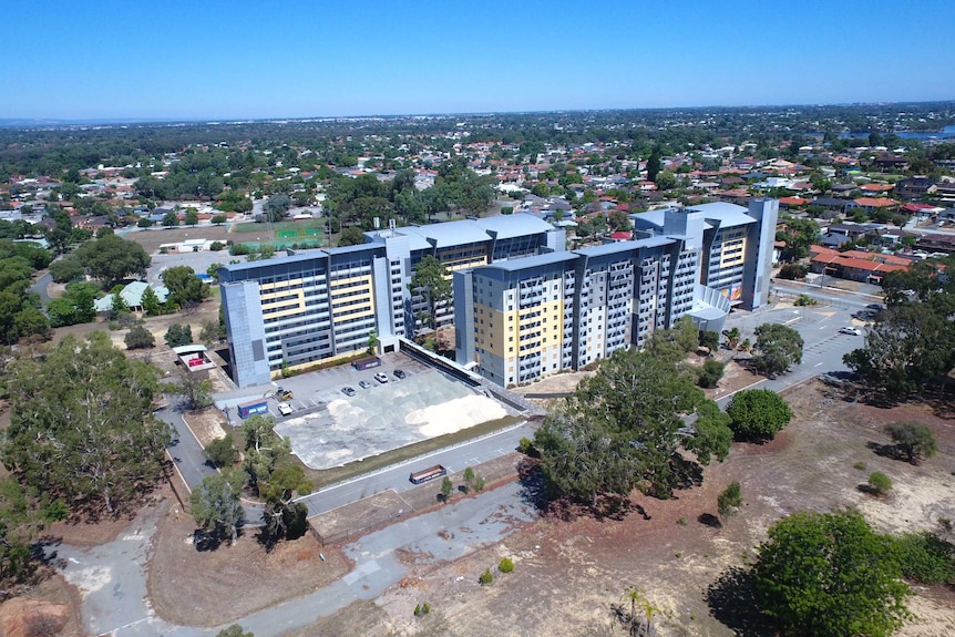 Aerial shot of Brownlie Towers in 2019.