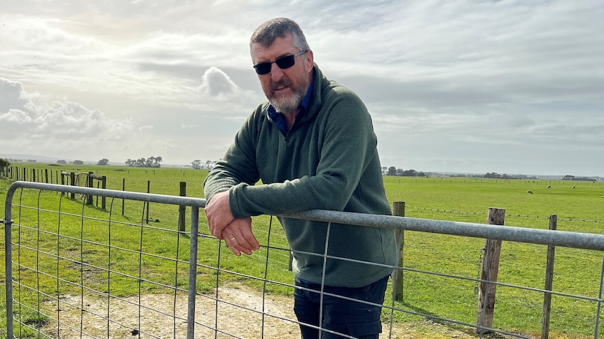 Farmer leaning on metal gate with paddock in background 