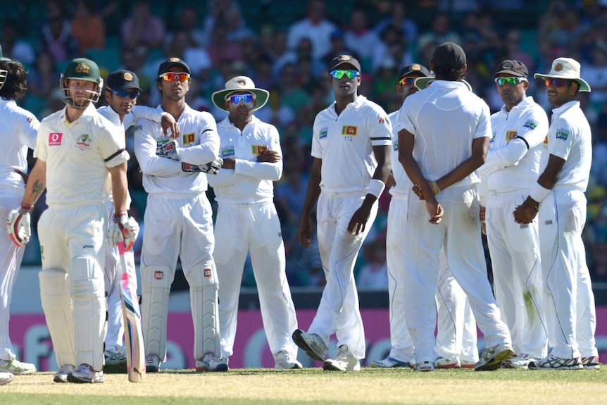 Waiting for DRS ... Matthew Wade stands his ground as Sri Lanka appeals for his wicket.
