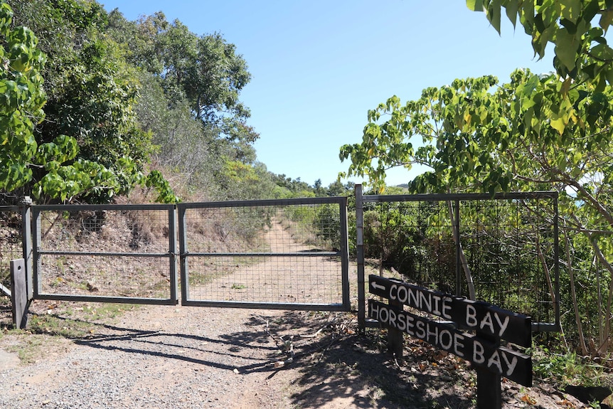 a gate with a locked padlock prevents access to a road surrounded by scrub