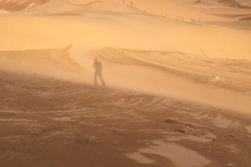 The shadow of a man captured on sand dunes 