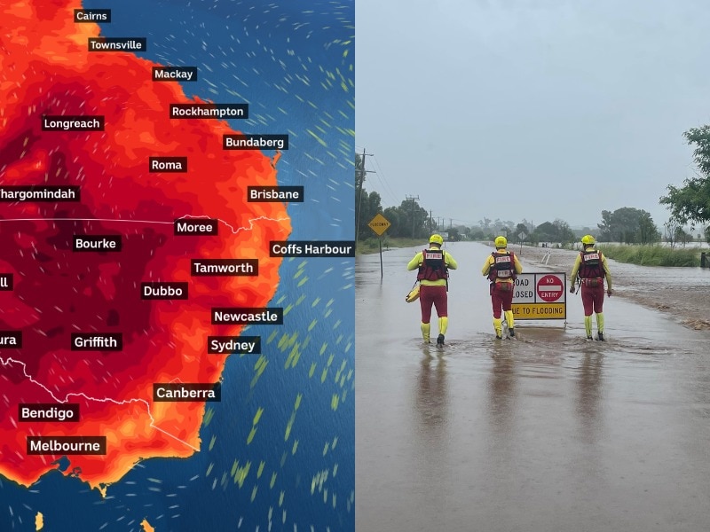 Composite of heatwave map and workers from Queensland Fire and Emergency Services 