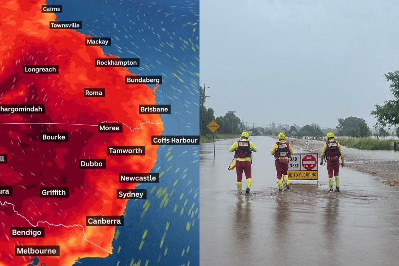 Composite of heatwave map and workers from Queensland Fire and Emergency Services 