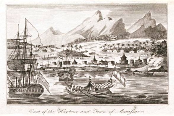 An old black and white drawing showing a mountain range and bay full of boats.