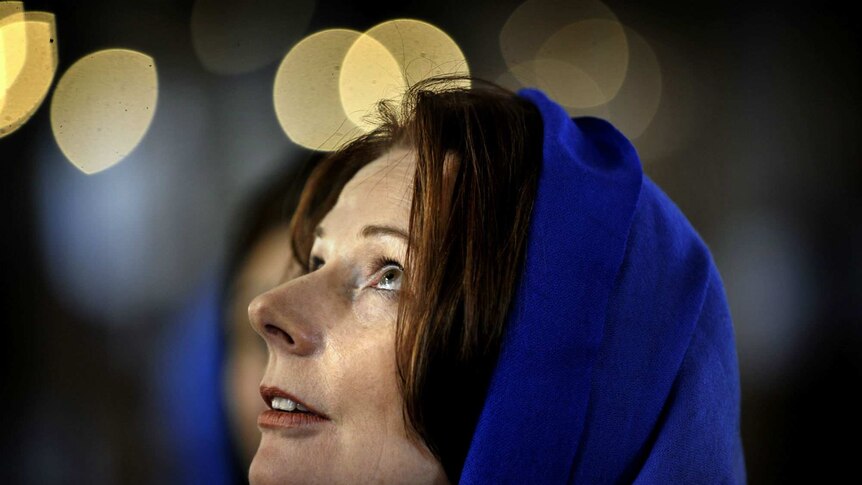 Former PM Julia Gillard looking at the roof of the Blue Mosque in Istanbul