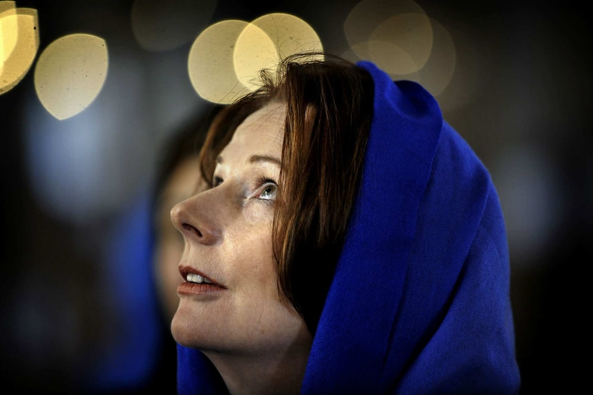 Former PM Julia Gillard looking at the roof of the Blue Mosque in Istanbul