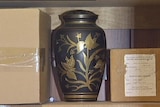 An urn holding cremated ashes on a shelf. Many crematoriums store remains than have not been collected by families.