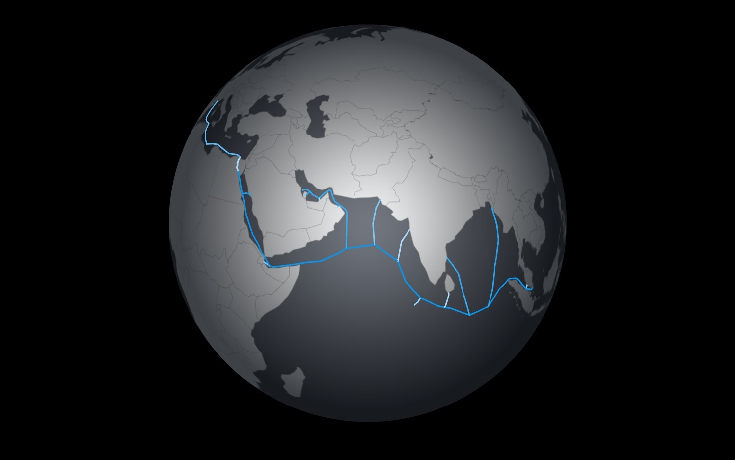 This globe has a single long cable highlighted as it weaves between countries.