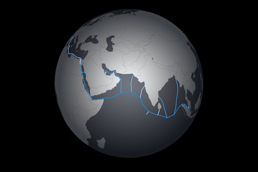 This globe has a single long cable highlighted as it weaves between countries.
