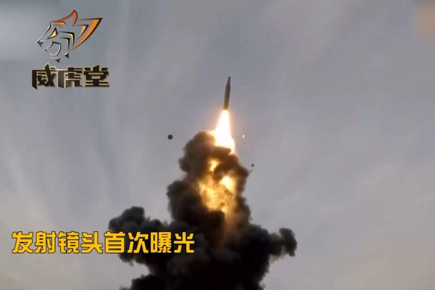 Still image from Chinese state media footage showing the country's military testing its new DF-26 missile.