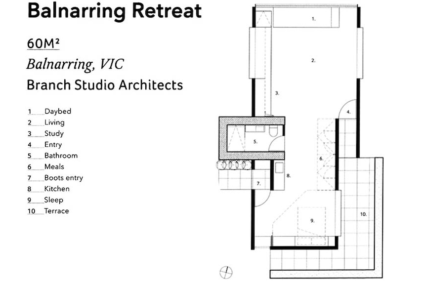 A floorplan of the Balnarring Retreat in Victoria.