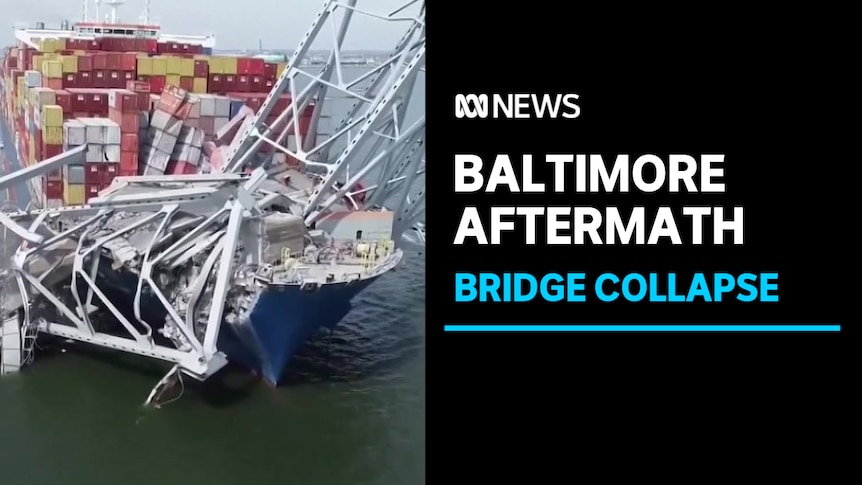 Baltimore Aftermath, Bridge Collapse: The mangled wreck of a bridge on the bow of a cargo ship.