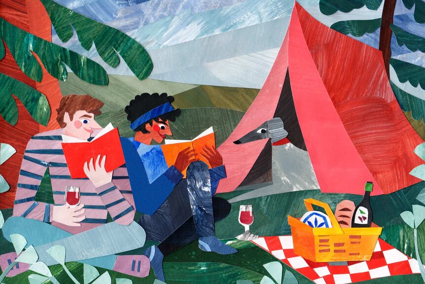 A couple read books while having a picnic in front of their tent.