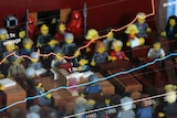 Lego Australian Senate chamber with chart of MPs' pay superimposed