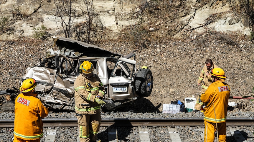 Wreckage of a car hit by a train near Bendigo