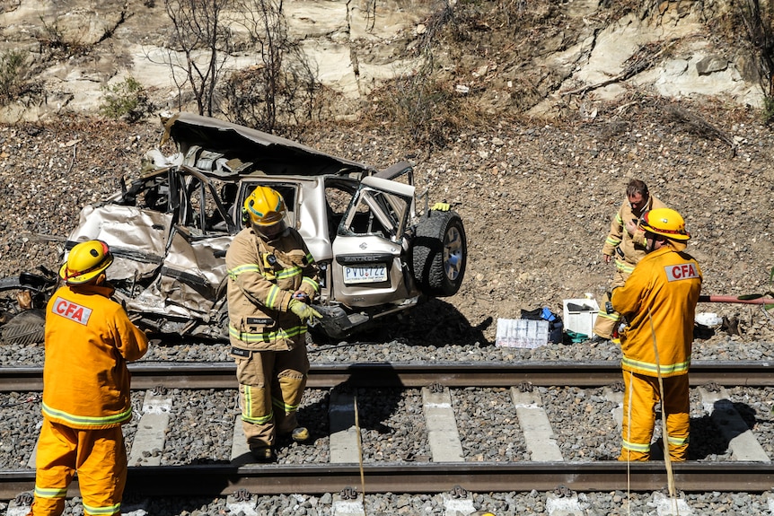 Wreckage of a car hit by a train near Bendigo