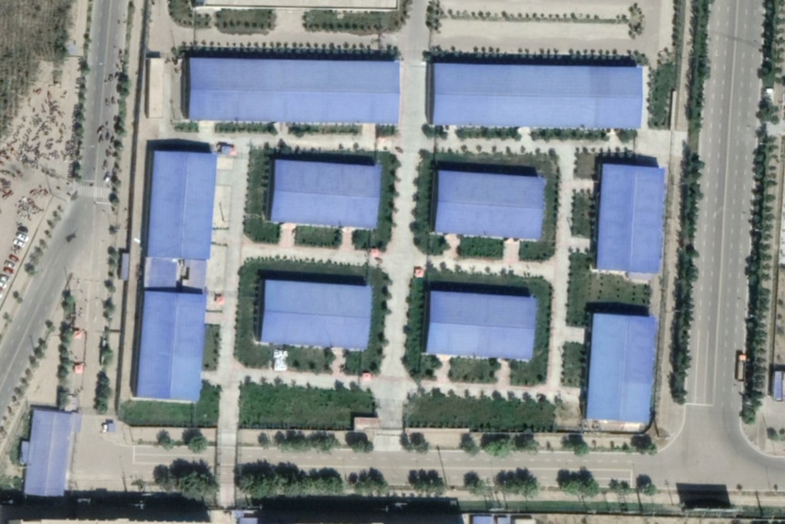 Complex of buildings with blue roofs in Xinjiang
