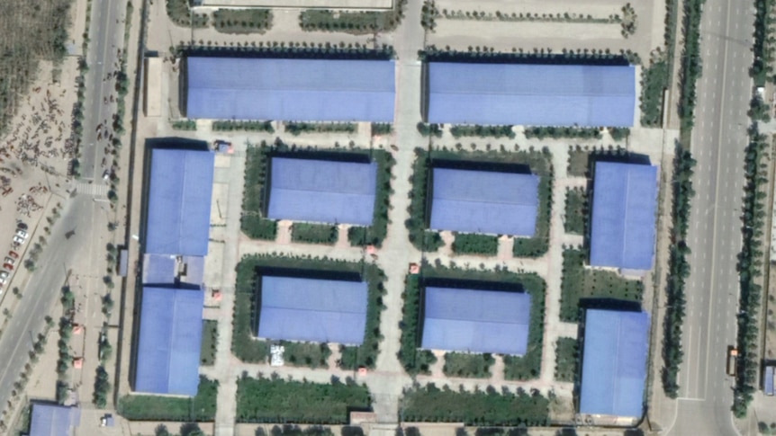 Factories with blue roofs in Xinjiang