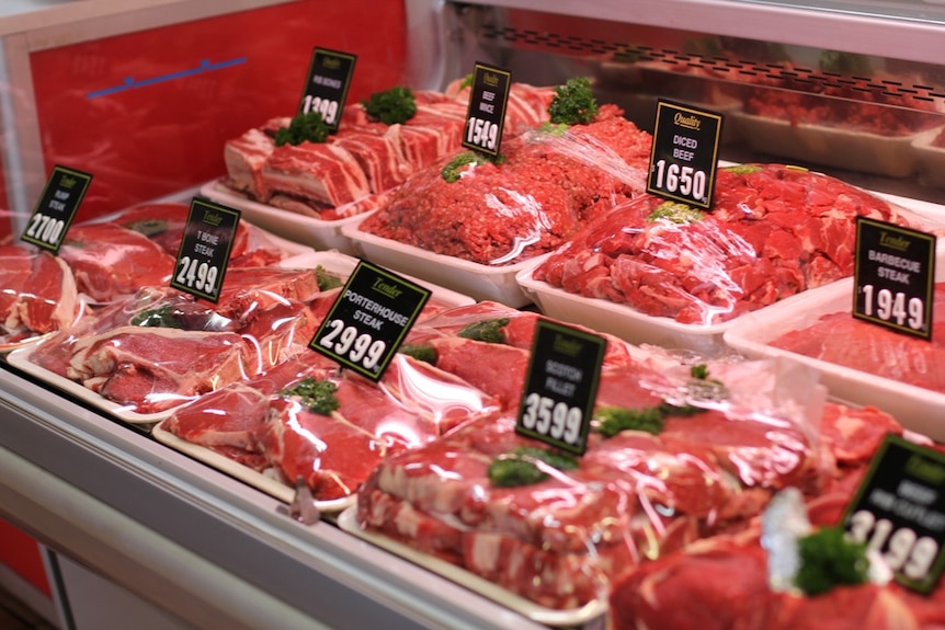 Meat for sale at a butcher shop.