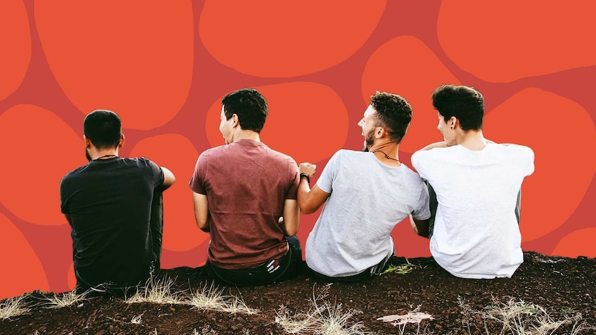 Four men sit laughing on a ledge for story about why many men struggle to link their personal behaviour to gender inequality.