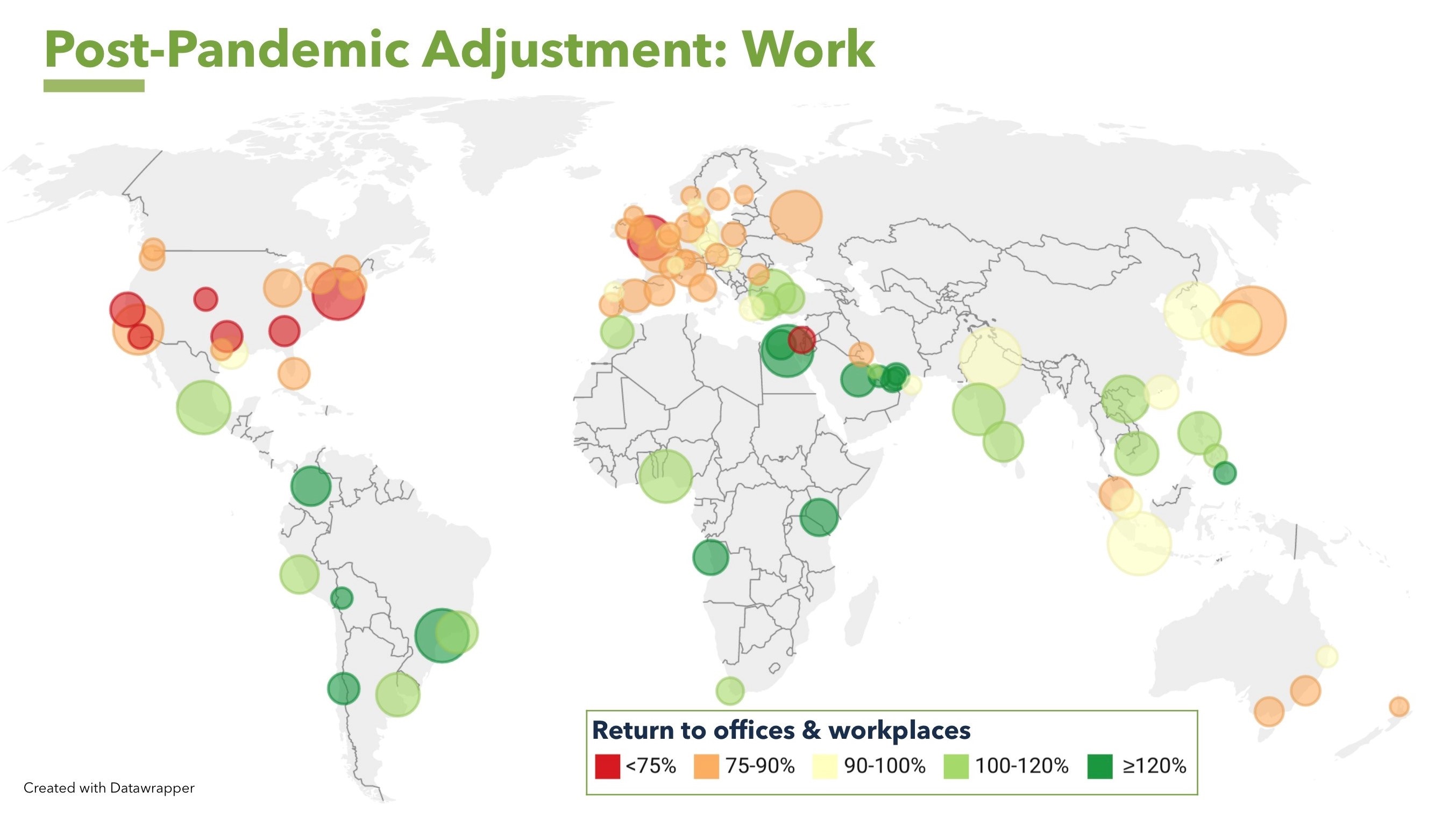 A map graph showing rates of return to offices post-pandemic, with the USA, Europe and Australia among the lowest rates.