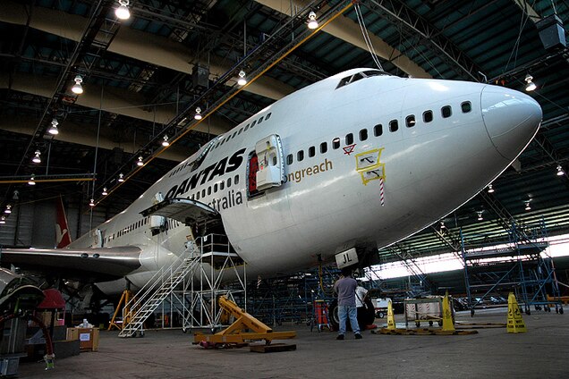A Qantas jumbo jet in the maintenance hangar at Avalon Airport