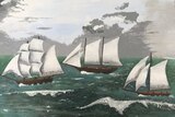 A painting showing three sailing ships from the first fleet, against a green sea and grey sky.