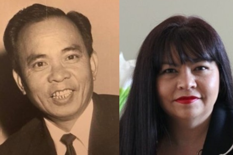 A combined image of a black-and-white photo of Peter Cheung and a modern photo of his daughter Jennifer
