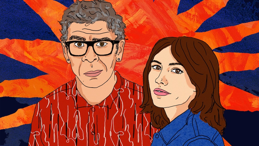 Artwork of Dylan and Ella with bright colours and illustrated portraits
