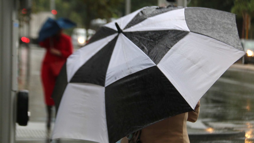 A woman in the Perth CBD shelters from the rain using a black and white umbrella.