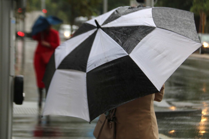 A woman in the Perth CBD shelters from the rain using a black and white umbrella.