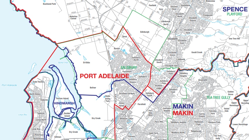Map showing the redistribution of Port Adelaide into surround electorates