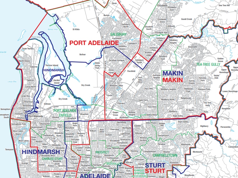 Map showing the redistribution of Port Adelaide into surround electorates